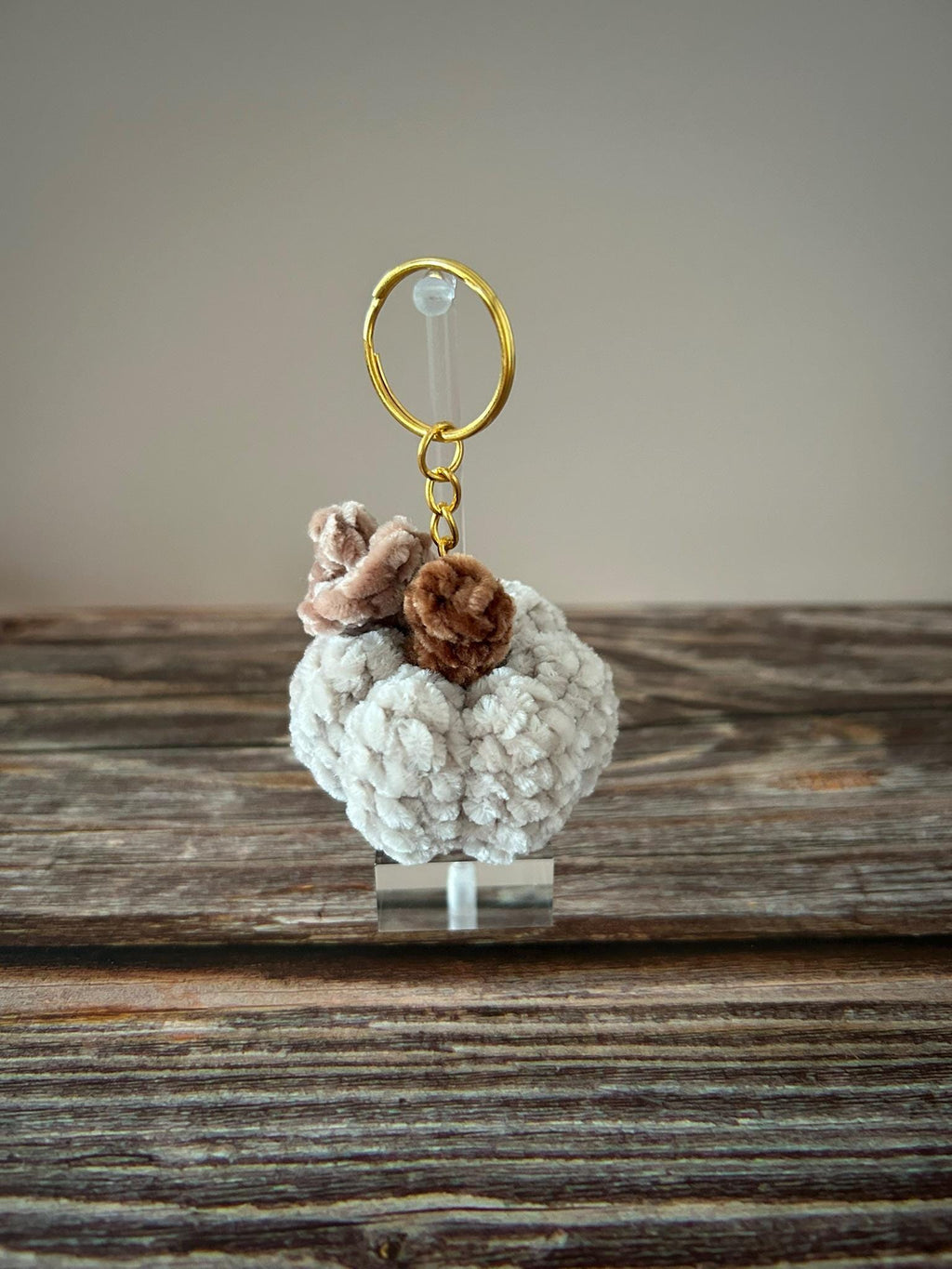 Crochet Chenille Beige Pumpkin Keychain Keyring Bag Charm