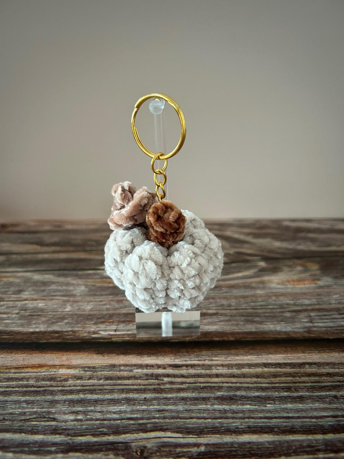 Crochet Chenille Beige Pumpkin Keychain Keyring Bag Charm