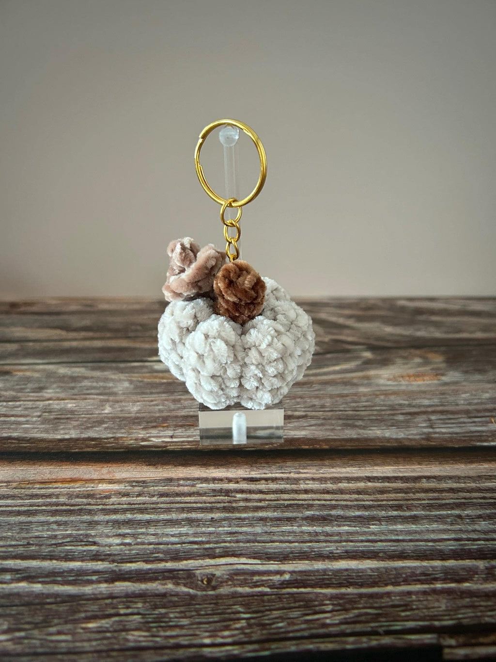 Crochet Chenille Beige Pumpkin Keychain Keyring Bag Charm
