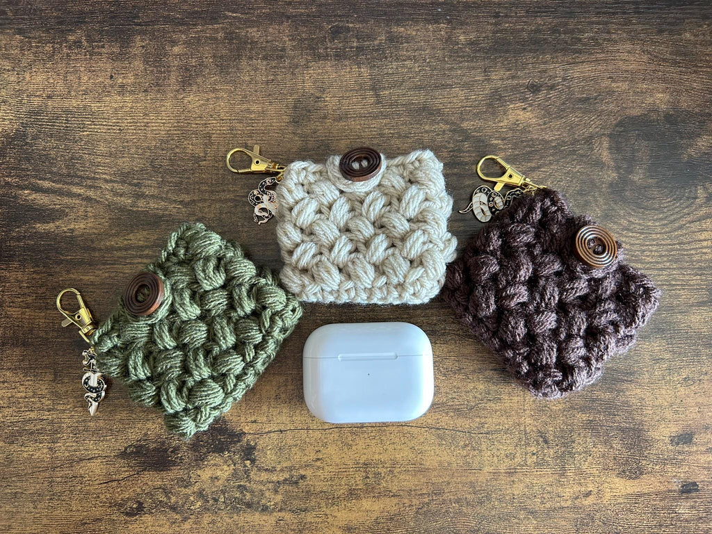 Crochet Bean Cosy AirPods Case, Handmade Earbud Pouch, Headphone Holder, Keychain